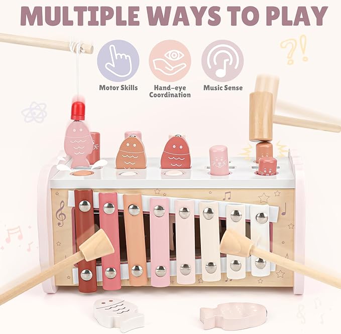 Joyreal Montessori Toys for 1 Year Old Girl Gift - Pink Wooden Hammering Pounding Toy with Xylophone & Fishing Game - Toddler Learning Activities for Kids 1+ 2 3 Year Old Christmas Birthday Gifts