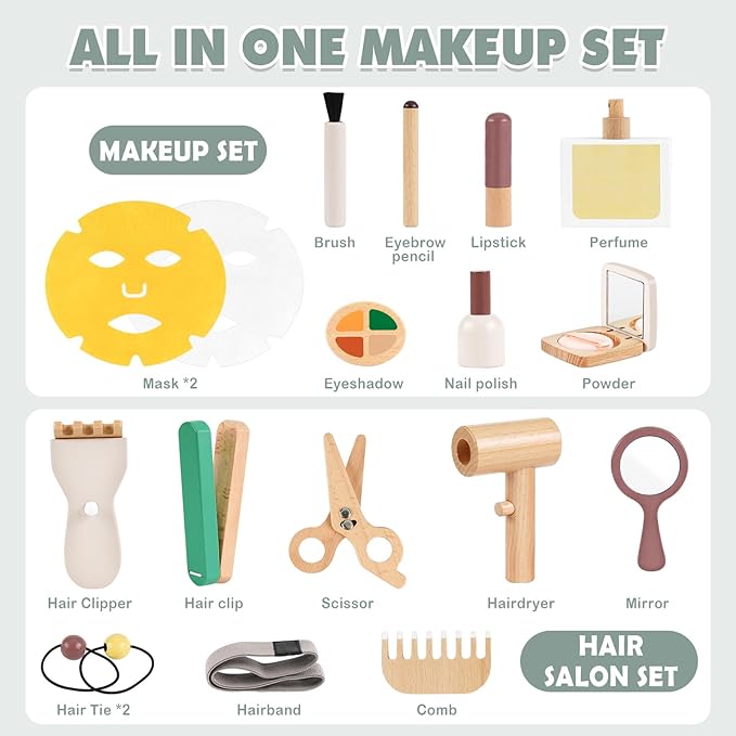 Montessori Makeup Kit - Toys for 2 Year Old Girls Birthday Gifts, Wooden Pretend Play Set for Toddler Girls 2-4 - Beauty & Hair Salon Toys, Christmas & Birthday Gifts for Kids 3-5