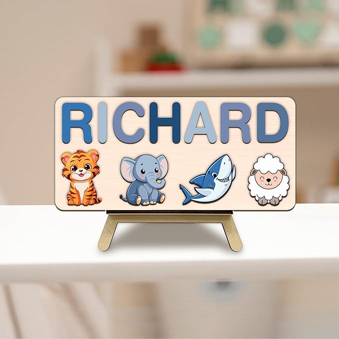 LOVELYPOD Personalized Name Puzzle for Kids, Custom Name Puzzles for Toddlers 1-3 Animal Puzzle, Customized 1st Birthday for Girls & Boys Wooden Toys for Kids, for New Baby - Style 10