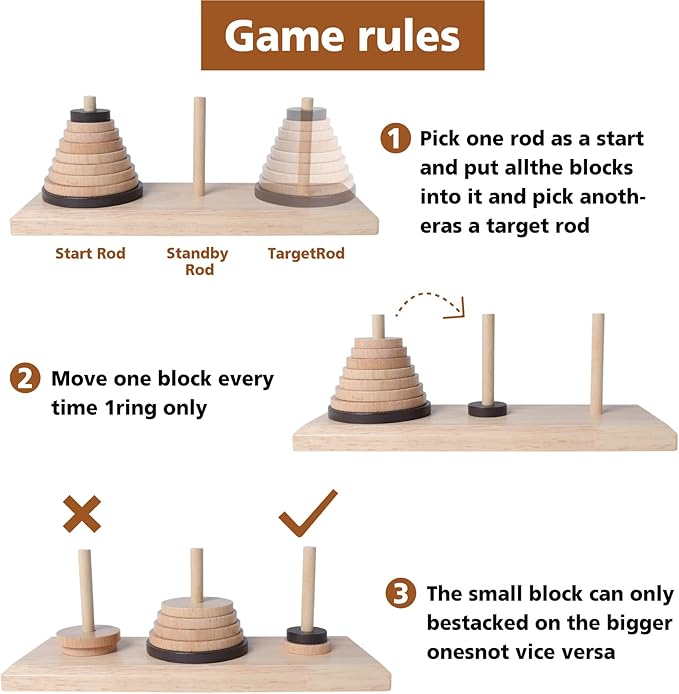 Gothink Wooden Nine-Storey Tower of Hanoi Logic Puzzle Brain Teaser Intellectual Toy for Kids and Adults