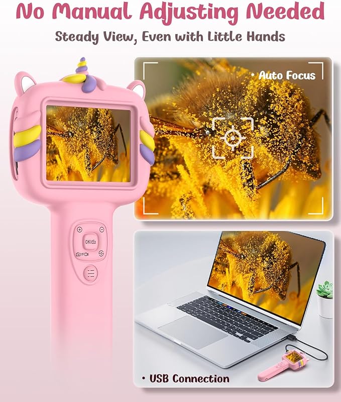 Microscope Camera for Kids Gifts Toys- Handheld Pocket Microscopes with 2.4" Screen and Autofocus - Mini Digital Educational Science Kit for Christmas Birthday for Age 3-5 5-7 8-12 Girls Boys(Pink)