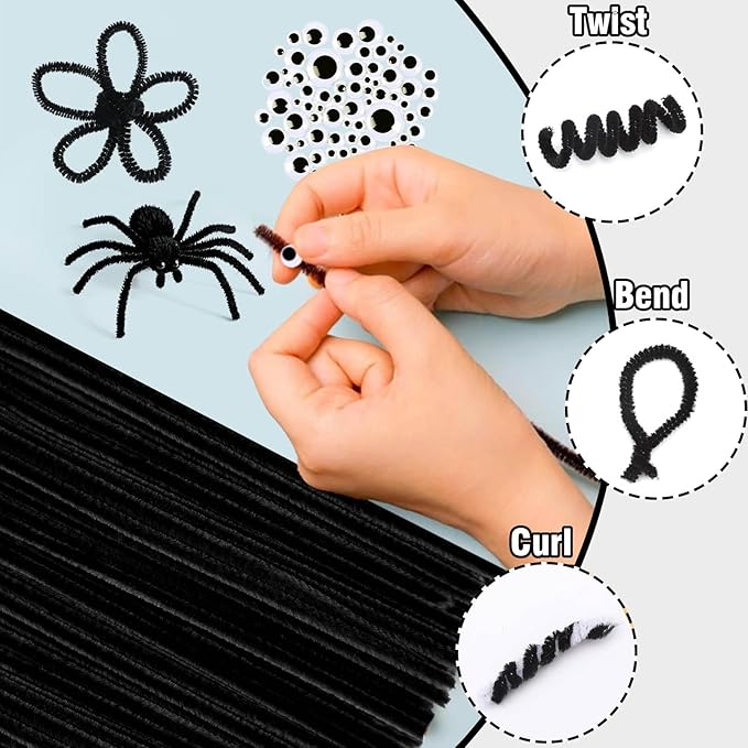 URSDIART (350pcs/Set) Black Pipe Cleaners and Craft Wiggle Eyes, Halloween Pipe Cleaners Bulk Chenille Stems Black for Locs, 12 Inch Pipe Cleaners Black for DIY Art Decorations Creative Craft