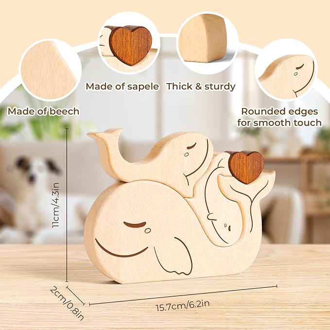 Wooden Whale Family Puzzle Games, Personalized 4 Name Puzzle for Home Crafts Decor, House Warming Birthday Party Gifts for Mom Dad Grandma Kids New Baby, Wooden Bear Family