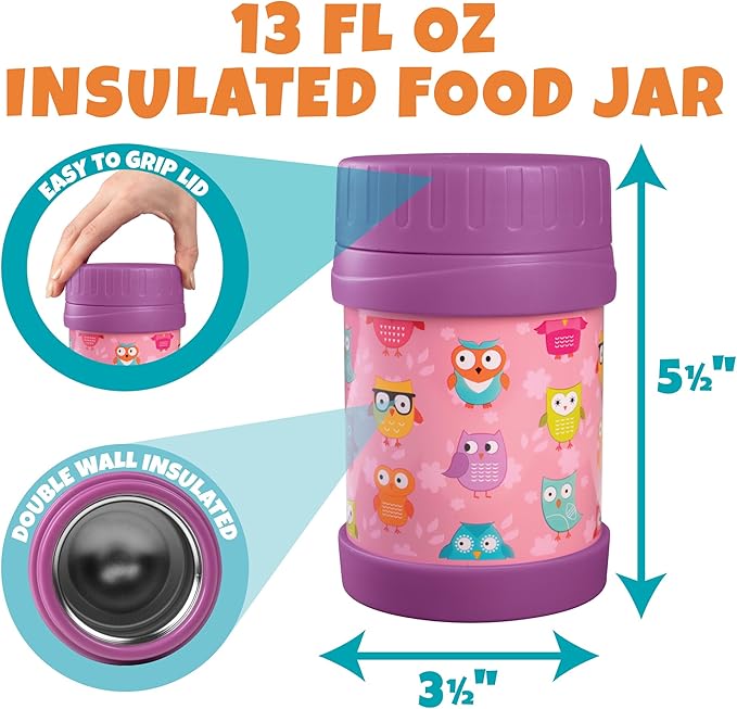 Bentology Kids Lunch Bag Set w Matching Reusable Food Jar & Hard Ice Pack- Owl- Insulated Tote, Stainless Steel thermos & Freezer Pack to Keeps Food Fresh for Hours- Back to School Lunch Box Kits