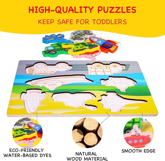 Wooden Peg Puzzle for Toddlers 1-3 Year Old,Funsland Puzzles Gifts Colorful Toys Cartoon Gifts,Arsenal Puzzles
