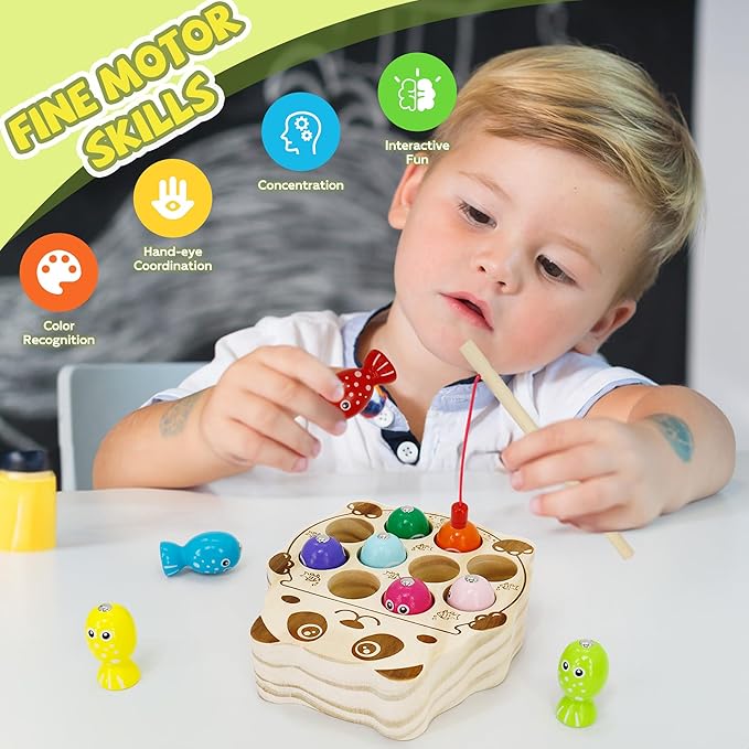 Wooden Magnetic Fishing Game, Panda Magnetic Fishing Toy for Kids 3-5, Montessori Preschool Education Learning Color Sorting Fine Motor Skill for Toddlers