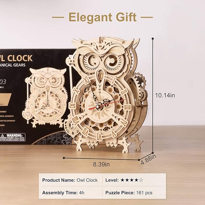 ROKR 3D Wooden Puzzles for Adults Owl Clock - Mechanical Model Building Kit DIY Hobbies for Men Women 161PCS Clock Puzzle Creative Craft Gift Home Decor for Family