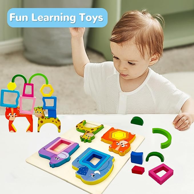 Wooden Montessori Toys for 3 4 Years Old Boys & Girls, Animal Shape Sorter Preschool Learning Toys for Toddlers, Preschool Toddler Puzzles Gift Ideas for Kids (Colored-B)