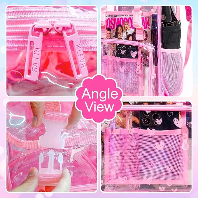17" Heart Print Clear Backpack for Girls - 3Pcs Flip Design Stadium Approved Set, Campus/Travel Transparent Bookbag (Pink)