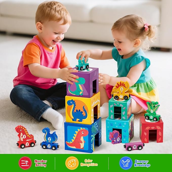 Toyssa Wooden Dinosaur Sorting and Stacking Toys for Toddler 1-3, Number Blocks Nesting Boxes with Magnetic Animals Train Set, Preschool Learning Montessori Toys for 1 2 3 Year Old Boys Girls Gift