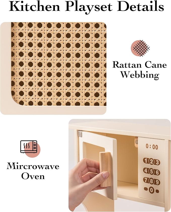 ROBUD Kids Kitchen Playset, Mocha Montessori Wooden Play Kitchen with Ice Dispenser, Pretend Toddlers Kitchen Toy with Accessories, Baby Gift for Ages 3 4 5 6 7 8