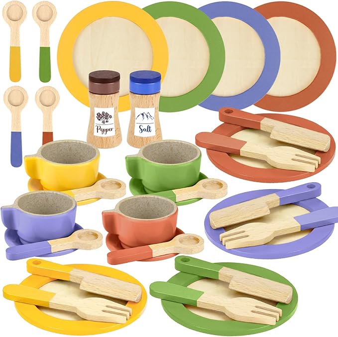 Wooden Play Dishes and Plates for Kids Kitchen Set Accessories for Toddlers 1-3 Cooking Toys Tea Cups for Kids Kitchen Birthday Gift for 3 4 5 Year Old Boys Girls
