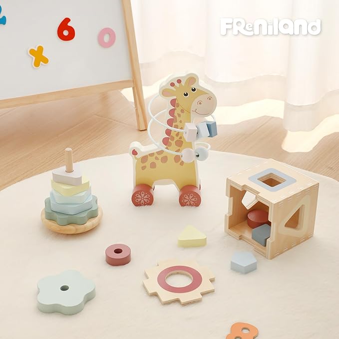 FReniland Montessori Toys for 1 Year Old，3-in-1 Wooden Baby Toys，Wooden Stacking Toy，Toddler Shape Sorting Cube, Giraffe Ring Toy,Newborn Baby Gift Sets for Boys and Girls