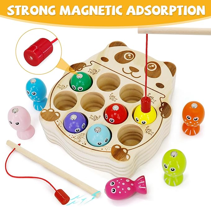 Wooden Magnetic Fishing Game, Panda Magnetic Fishing Toy for Kids 3-5, Montessori Preschool Education Learning Color Sorting Fine Motor Skill for Toddlers