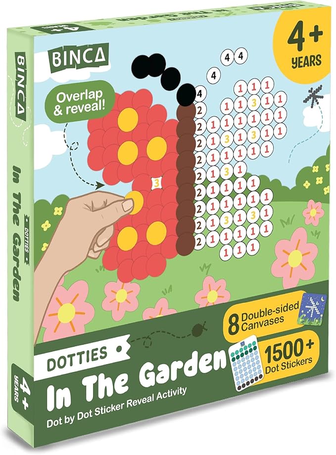 BINCA Dotties Dot Art Activity Kit, 1500+ Stickers, 8 Garden Animals Mess-Free Activities, DIY Dot Sticker Art for Toddlers, Kids Travel Activities, Craft Kits & Gifts for Boys & Girls Ages 4,5,6,7