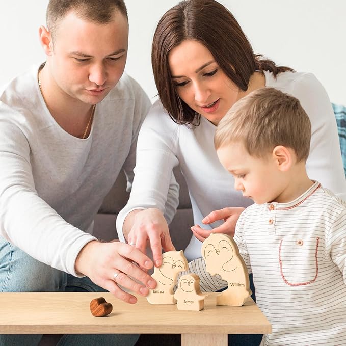 Wooden Penguin Family Puzzle, Personalized Puzzles with 2-5 Names, Fathers Day Birthday Personalized Gifts for Kids Boys Girls Mom Dad Grandma, Christmas Thanksgiving Decorations