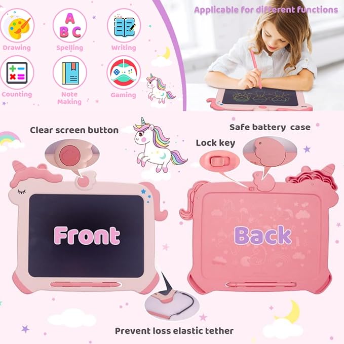 Kikapabi LCD Writing Tablet for Kids, Unicorn Colorful Screen Doodle Board, Electronic Drawing Pad, Educational Toy, Toddlers Travel Toy, Christmas Birthday Gift for 3 4 5 6 7 Year Old Girls Pink