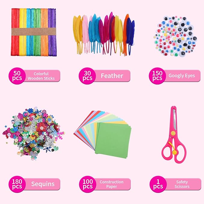 Qukou Kids Craft Supplies with 3-Tier Storage Box - 1400+ Art Kit with Beads, Feathers, Pompoms & Tools- Creative Gift for Ages 3-12, Portable Organizer for School, Travel, Birthday, Christmas