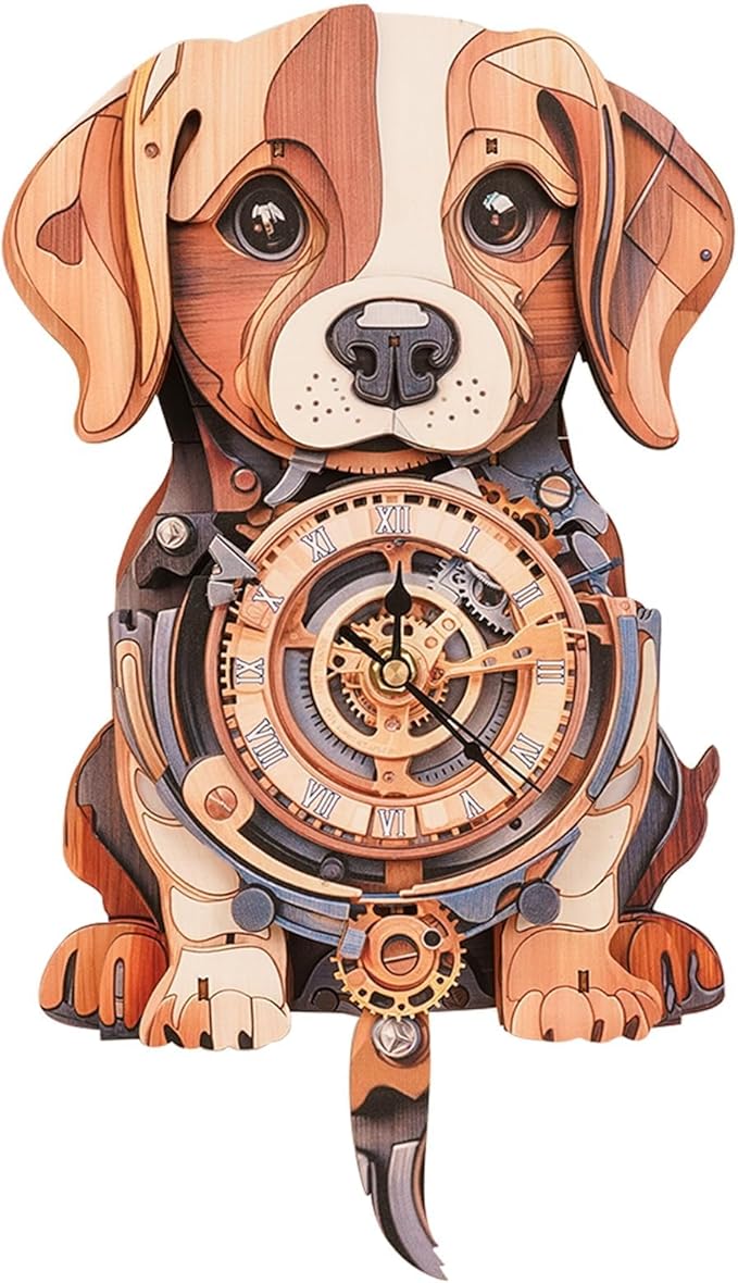 Kosmickiss 3D Wooden Puzzles for Adults, Beagle Mechanical Model Kits, DIY Wall Clock Puzzle, Home Decor Creative Gifts for Men and Women, Pendulum Wood Craft, Gifts for Dog Lovers