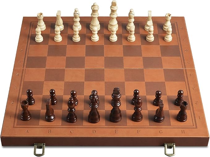 Magnetic Chess Set for Adult Kid, 15.4" Leather Chess Board with Handmade Chess Piece Including 2 Extra Queens and Storage Slot, Folding Portable Travel Chess Game for Beginner and Professional