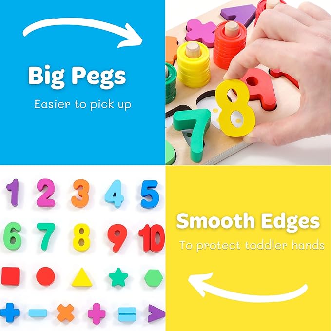 Wooden Montessori Toys for Kids Toddler Number Puzzles Sorter Counting Shape Stacker Stacking Game Preschool Toys for Boy Girl Learning Education Math Blocks Year Old Girl Gifts (Rainbow)
