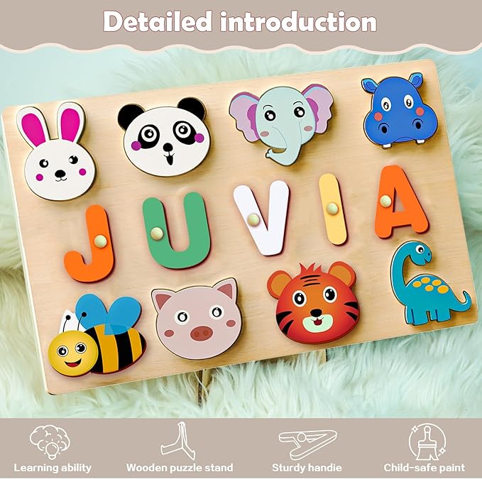 Name Puzzle for Kids Personalized - Custom Name Puzzles for Toddlers 1-3, Customized Wooden Animal Puzzle, Baby Gifts, Baby Shower, Christmas, Newbaby Gift, Gifts for 0 1 2 3 Years Old (style-01)