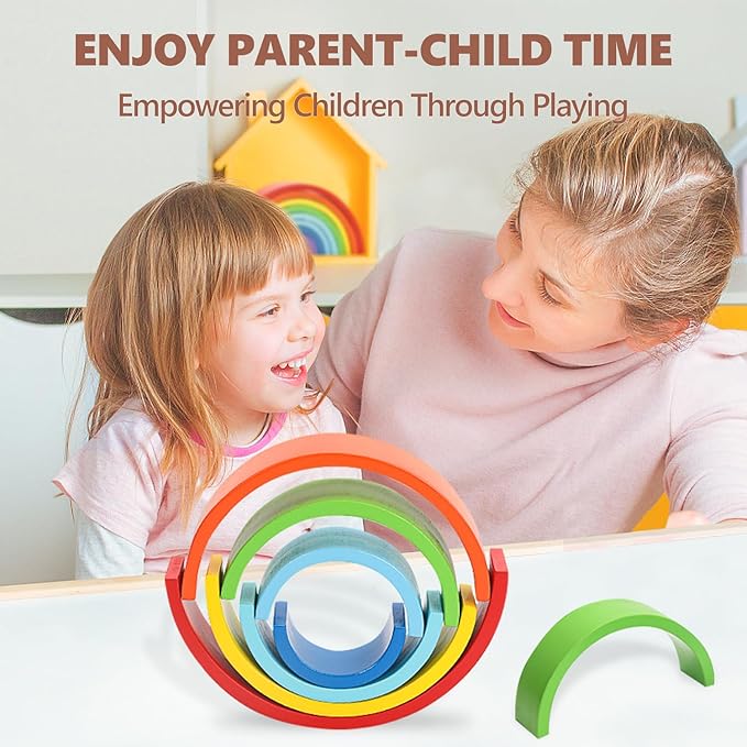 Wooden Rainbow Stacking Toy, Large Wood Arch Game, Montessori Building Blocks - Colorful Stacking Blocks Puzzles for Kids 3-5 Years Old, 8 Layers