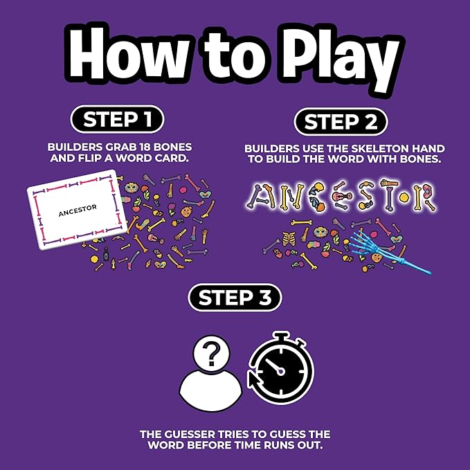 Skelegrams by Uzzle Games – Spell Words with Bone Pieces in This Fast, Cooperative Party Game for Families - Ages 8+, Spelling & Word Game for 3–6 Players