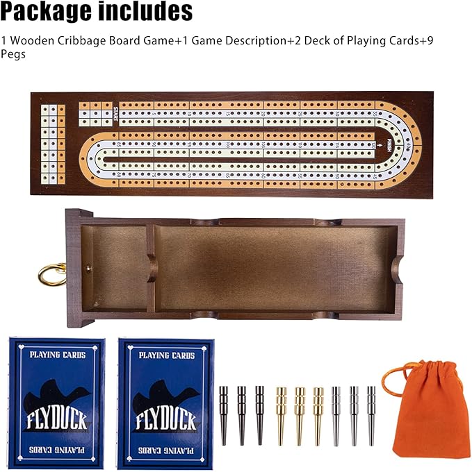 Wooden Cribbage Board Game Set,Traditional Cribbage Board Game,Solid Wood,3 Track Cribbage Board, 9 Metal Pegs,2 Decks of Playing Cards,Fun Table Game,Game Night, Travel (Manual Included)