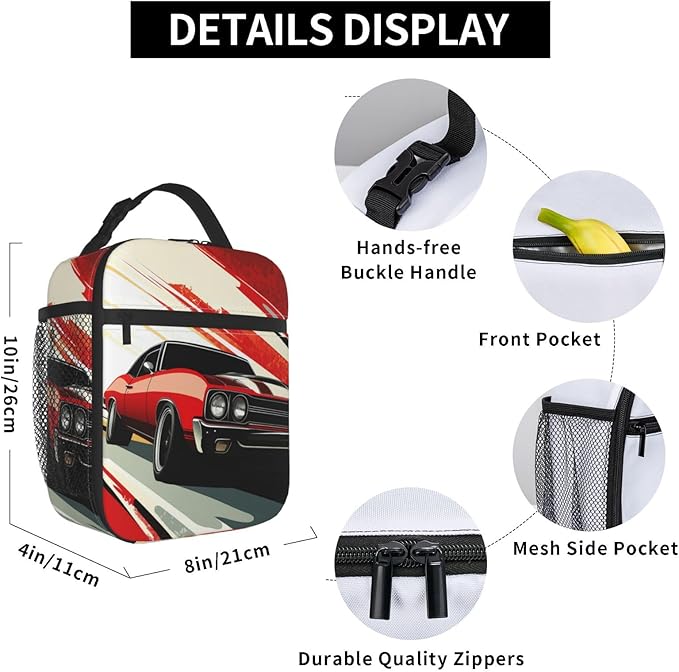 Muscle Car Lunch Bag for Women Men Adults, Insulated Lunch Box for Work, Sports, Travel, Picnic,Hiking, Fishing, Red Retro Classic Car Theme Lunchbox Gifts