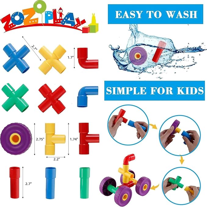 ZOZOPLAY STEM Learning Toy Tubular Pipes & Spouts & Joints 96 Piece Build Bicycle, Tank, Scootie, Moter Skills Endless Designs Educational Building Blocks Set for Kid Ages 3+ Multicolor