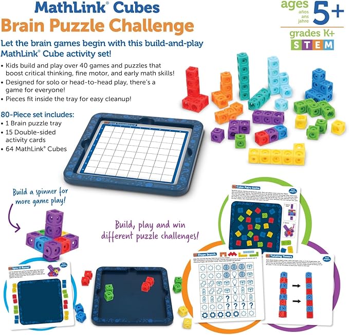 Learning Resources MathLink® Cubes Brain Puzzle Challenge, 80 Pieces, Ages 5+, Linking Cubes, Connecting Cubes, Math Manipulative, Counting Cube