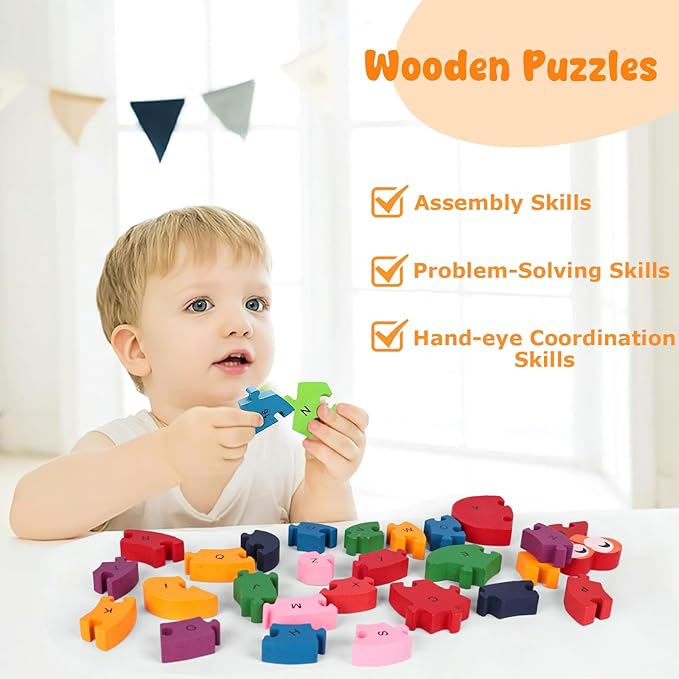 LovesTown Wooden Alphabet Snail Jigsaw Puzzles, Montessori Letters Numbers Building Blocks, Educational Learning Toys for Kids Preschool Activities