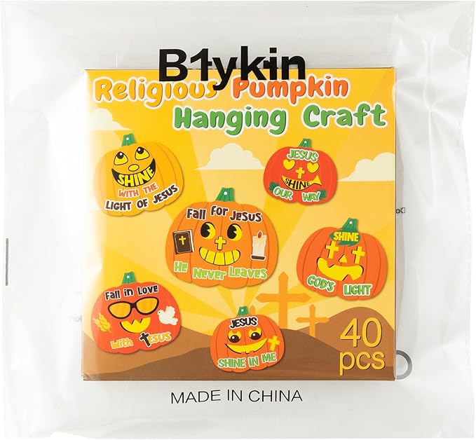 B1ykin Fall Pumpkin Craft Kit - 40Pcs Christian Fall Jesus Pumpkin Cross Hanging Ornaments with Ribbons, DIY Thanksgiving Religious Faith Crafts for Kids Sunday School Party Home Activities
