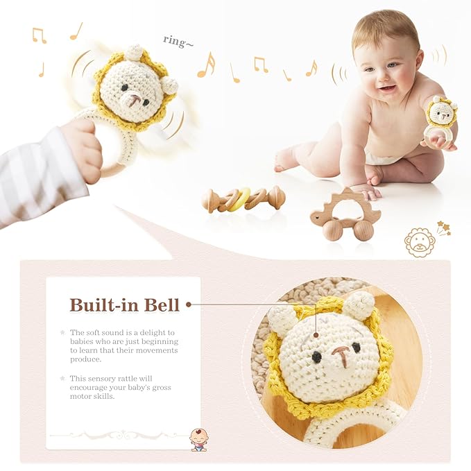 Wooden Baby Rattle 3 PCS Push Car Rattle Set Crochet Rattle Ring Wooden Montessori Toy for Newborn Infant Baby Gifts (Lion Rattle)