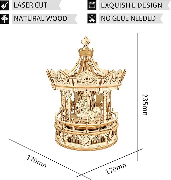 ROKR 3D Wooden Puzzle Carousel Model Building Kits Rotating 5-Horses Music Box Christmas Birthday Gift for Adults&Teens