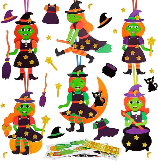 Fennoral 12 Pack Witch Craft for Kids Make Your Own Witch Foam Stickers Ornament DIY Halloween Arts and Crafts for Girls Boys Halloween Party Decoration Supplies