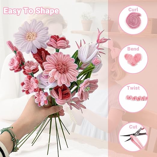400 Pcs Pipe Cleaners Craft Kit and Craft Supplies Set, 4 Colors Chenille Stems Craft Kits. Includes Floral Tape, Wire, Stems and More, DIY Arts and Crafts Supplies for Flower Making (Pink)