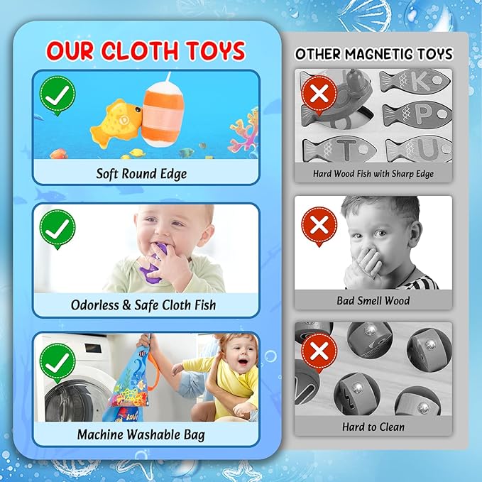 Toddler Toy Montessori Toys for 1 Year Old Boy Girl Birthday Gifts, Cloth Fishing Game for Toddlers 1-3 with Stacking Cups-Number Counting, Shape Learning, Sensory Baby 6-12 Mths