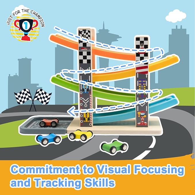 Wood City Wooden Car Ramp Racer Toy Vehicle Set with 4 Mini Cars & Race Tracks, Toddler Toys for 1 2 3 Years Old, Montessori Cars Toys Birthday Gift for Kids Boys and Girls