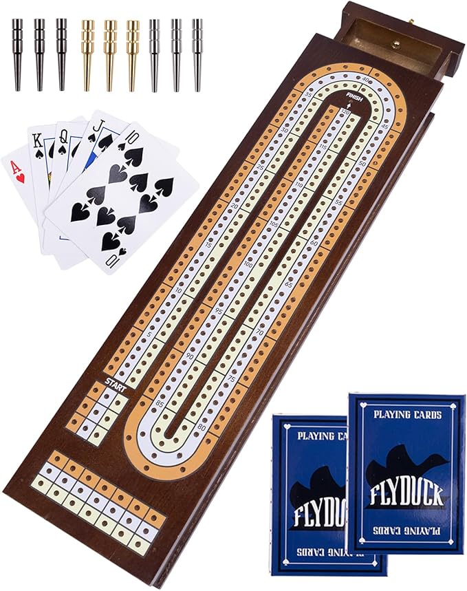 Wooden Cribbage Board Game Set,Traditional Cribbage Board Game,Solid Wood,3 Track Cribbage Board, 9 Metal Pegs,2 Decks of Playing Cards,Fun Table Game,Game Night, Travel (Manual Included)