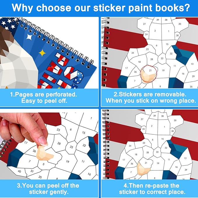 Omgouue 2PCS 4th of July Patriotic Crafts for Kids Ages 4-8 Sticker Paint Books Gift Party Create 20 Pictures（Sticker Sheets are Separate）