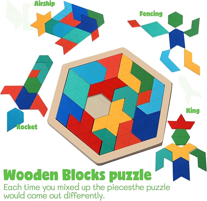 Yunsailing 3 Pack Hexagon Wooden Puzzle Wood Russian Blocks Tangram Puzzle Brain Teaser Puzzles Geometric Jigsaw Block Russian Blocks Logic IQ STEM Toy for All Ages Kid Adult (Fancy)
