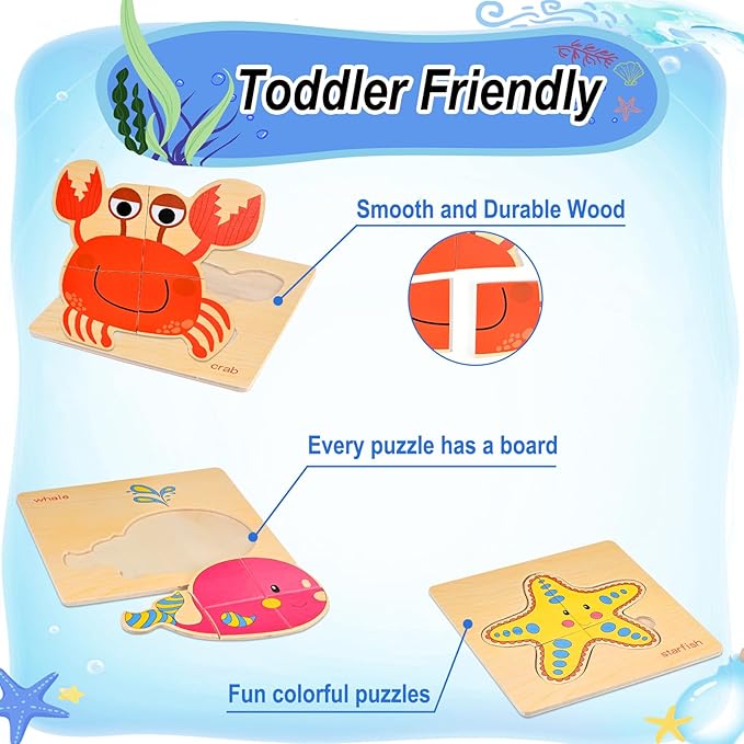 8pcs Wooden Puzzles for Toddlers 1-3, Toddler Puzzles Ages 2-4, Montessori Toys for 1-3+ Years Girl Boy, Sea Animal Puzzle for Kids, Jigsaw Puzzle Educational Toys Preschool for 1-4
