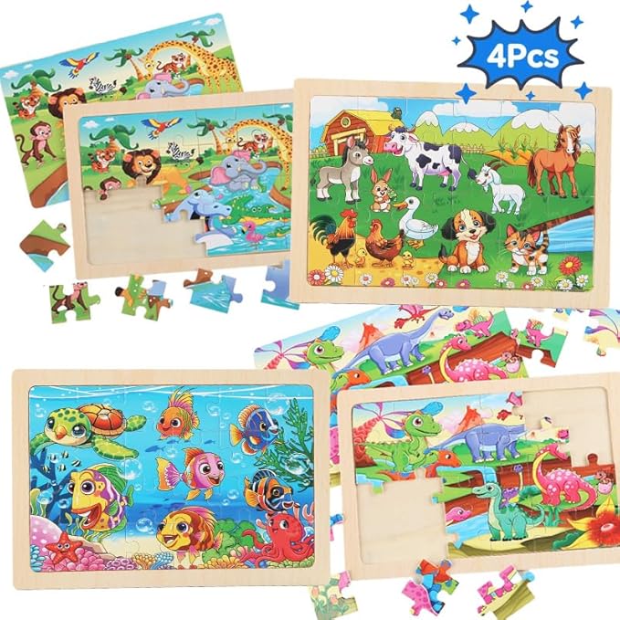 Puzzles for Kids Ages 4-6, 4 Packs 24 Piece Wooden Jigsaw Puzzle for Toddlers 5-8, Preschool Educational Puzzle Boards Toys Gifts for 4 5 6 7 8 Boys Girls