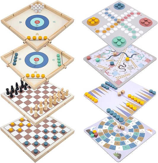 Eggsnow 8-in-1 Wooden Board Game Set for Kids Adults, Tabletop Combo Classic Travel Portable Board Games Collection with Chess, Checkers, Backgammon, Ludo, Snakes and Ladders & More