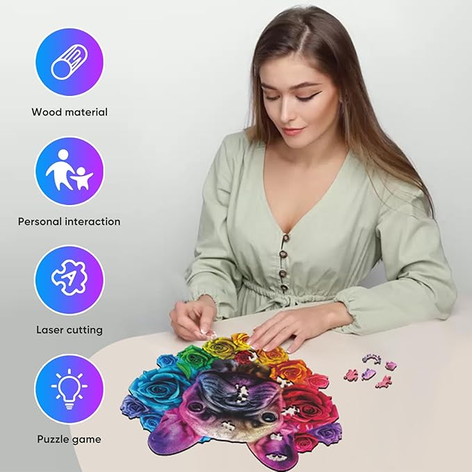 Ruikiyart Wooden Puzzles for Adults, 5MM 200 Pieces Love Bulldog Wooden Jigsaw Puzzles, Unique Shapes Pieces Dog Puzzle Gift for Kids and Adults on Birthday,Thanksgiving,Christmas (11.2" x 11.3")