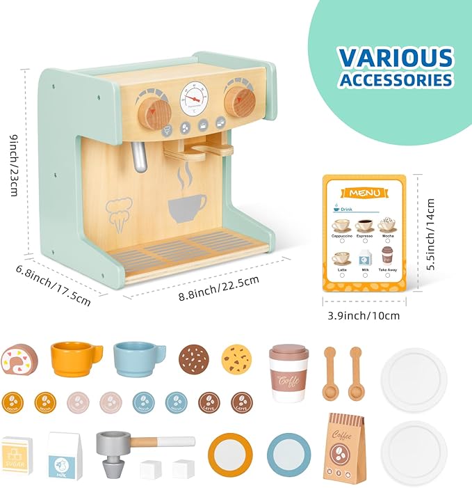 OOOK 2-in-1 Kids Wooden Toy Coffee Maker Playset, Toddler Pretend Play Kitchen Food Small Coffee Shop with 28 Pcs Play Kitchen Accessories for Girls & Boys
