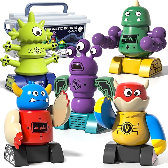 Magnetic Robot Toy for Kids 3-5, 35 PCS STEM Educational Playset with Storage Box, DIY Stacking Monster Robots, Toddler Creative Alien Toys Gift for Boys Girls (Christmas Birthday)
