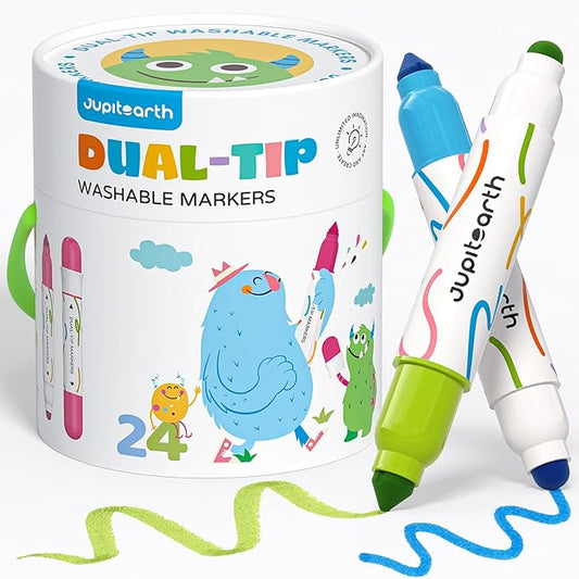 Washable Dual Tip Markers for Kids, Broad & Round Tip, Easy-Grip Design for Little Hands, 24 Vibrant Colors Toddler Markers with Portable Case, Preschool Art Supplies for Kids Toddlers
